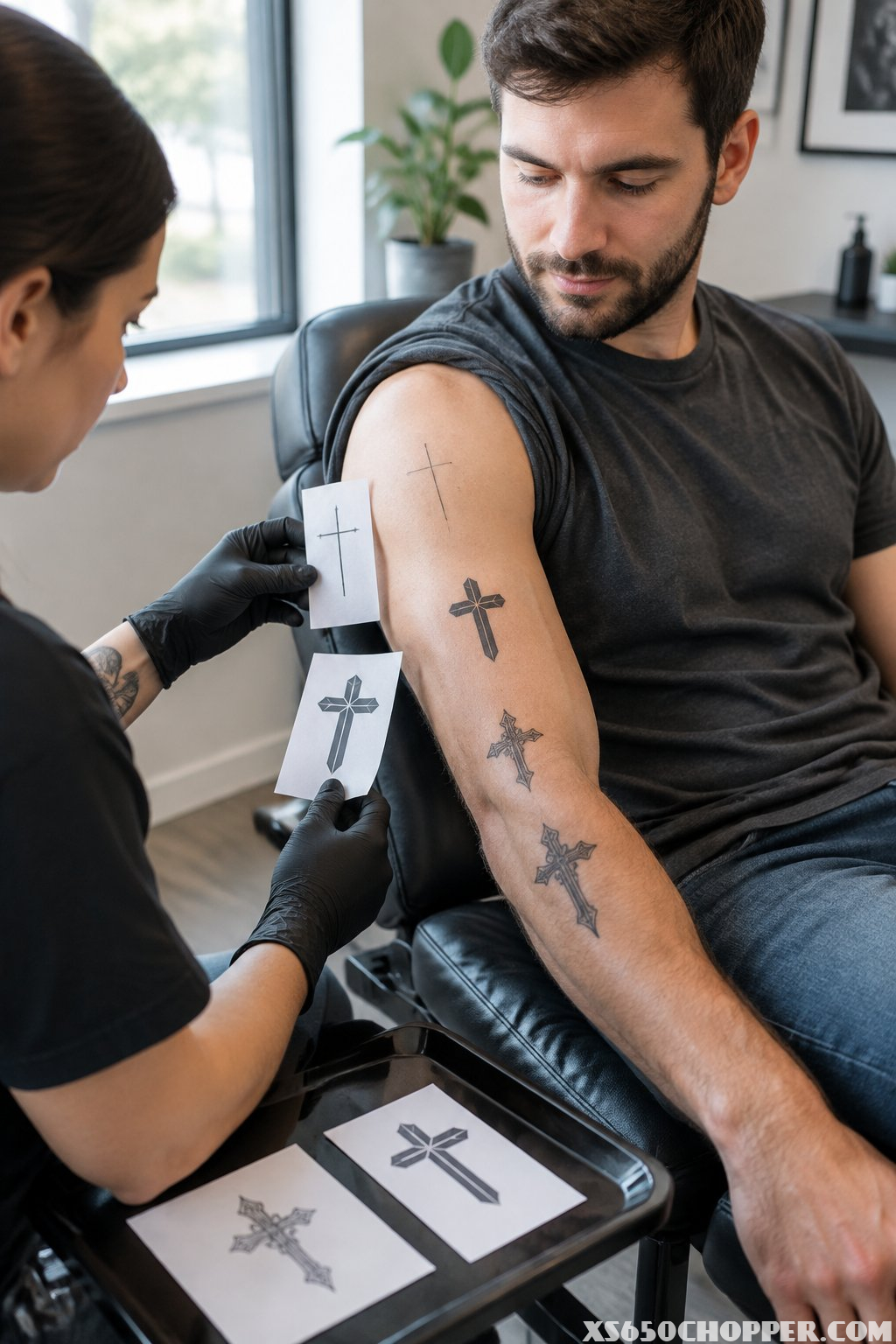 A man and tattoo artist compare cross designs for his arm.