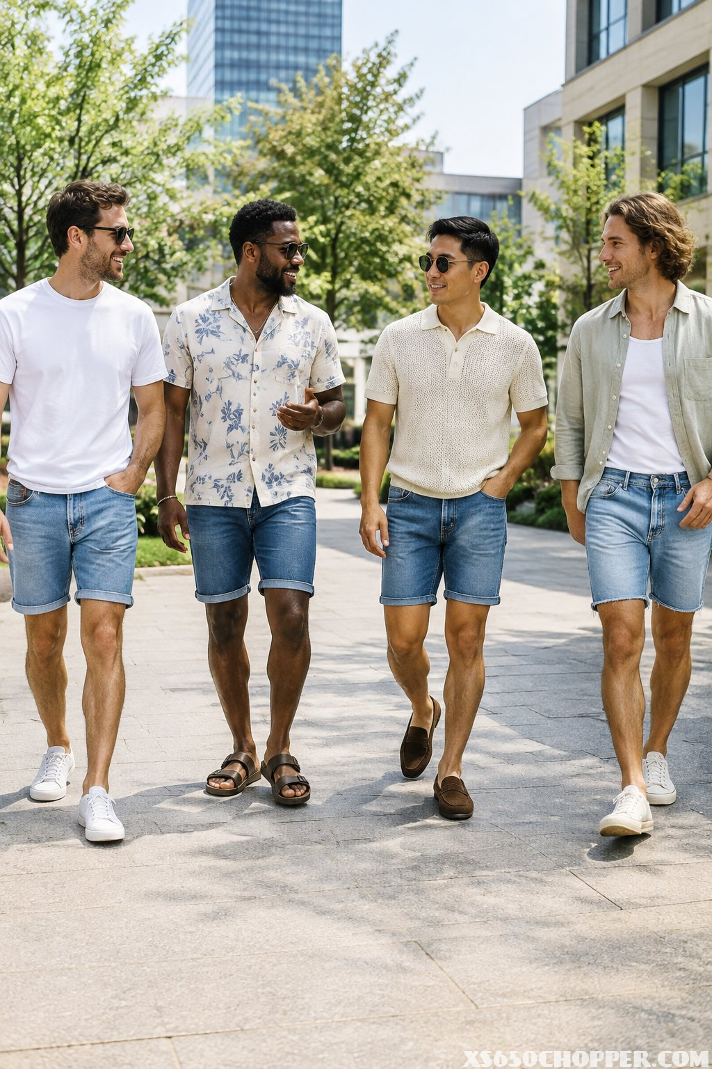 Four men wearing denim shorts and casual summer outfits stand together outdoors.