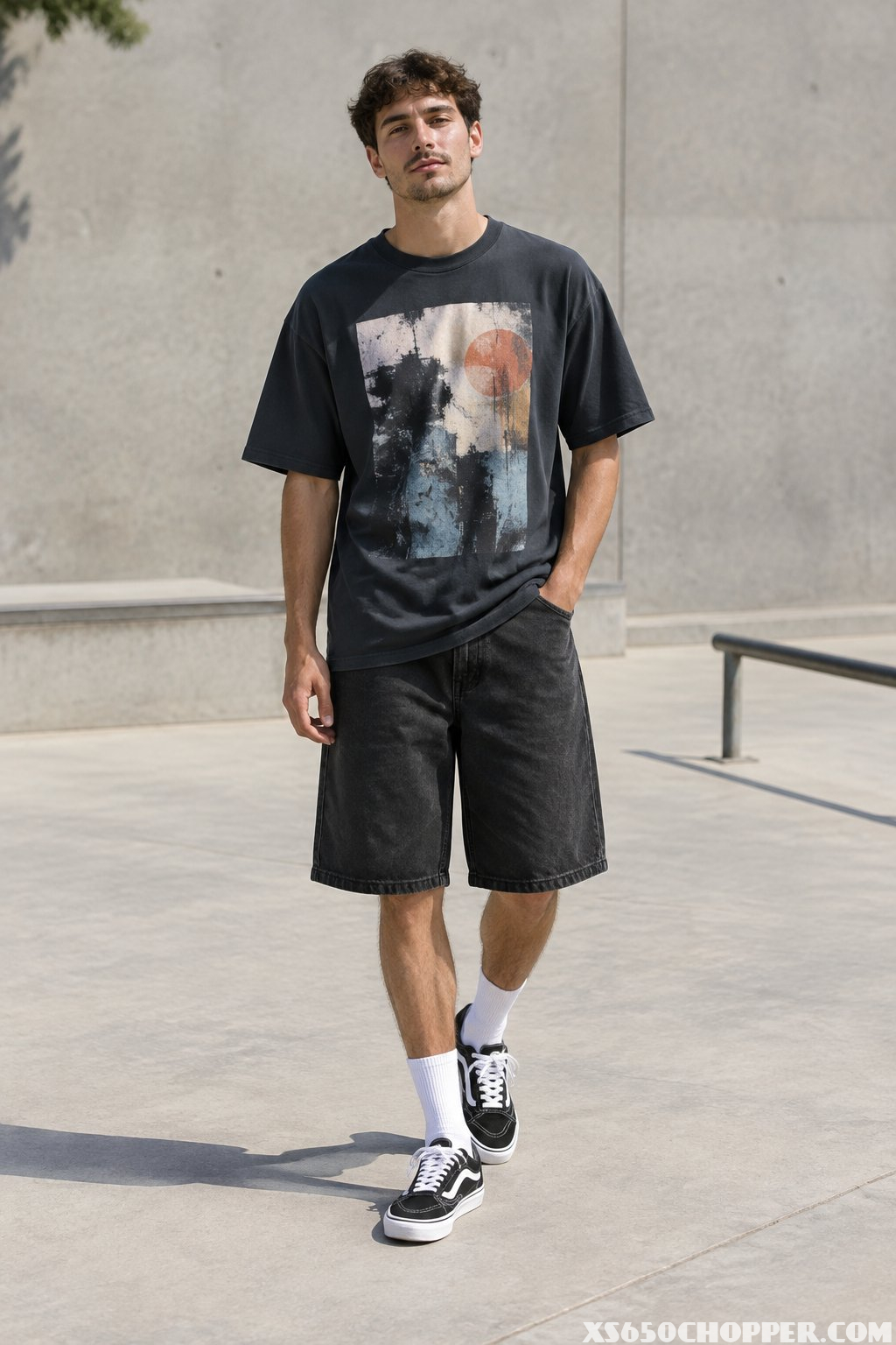 A man wearing black shorts, a loose graphic T-shirt, and skate shoes stands outdoors.