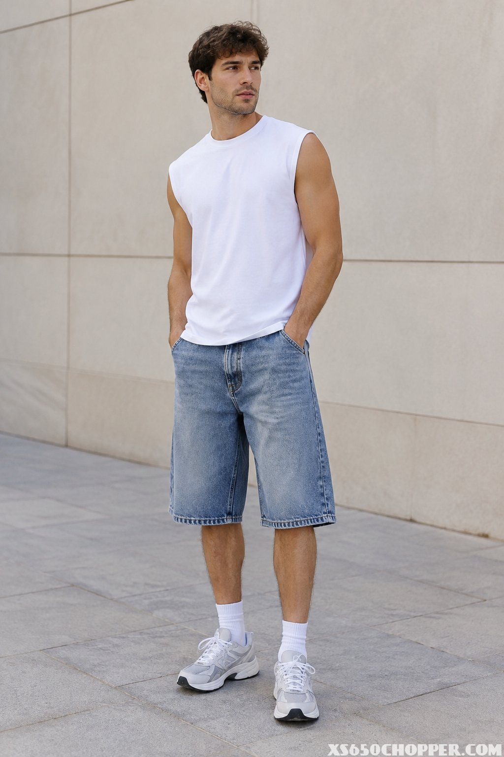 A man wearing long denim shorts, a sleeveless shirt, and chunky sneakers.