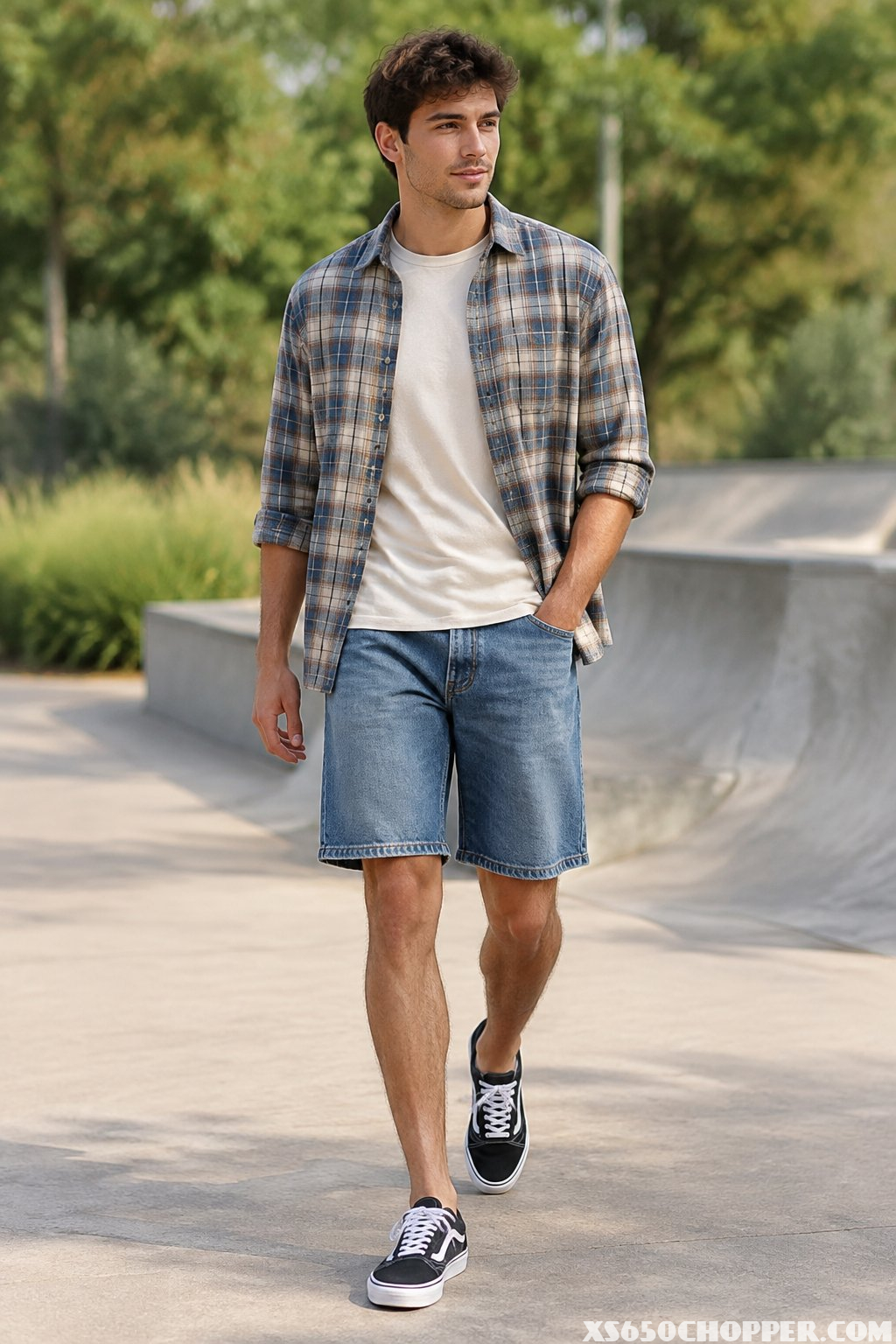 A man in denim shorts, a plaid shirt, and sneakers walks along a sidewalk.