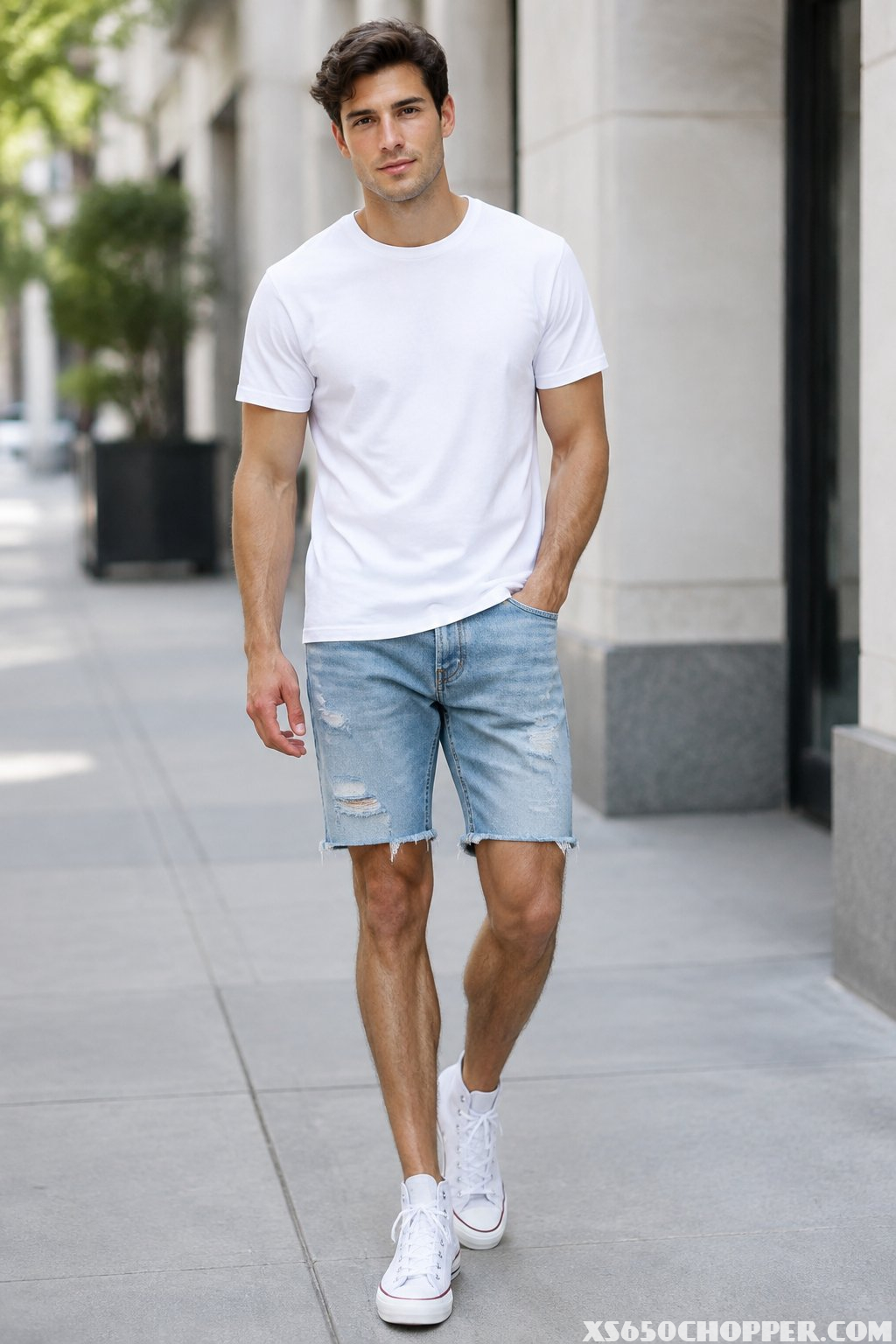A man wearing denim shorts, a plain T-shirt, and high-top sneakers.