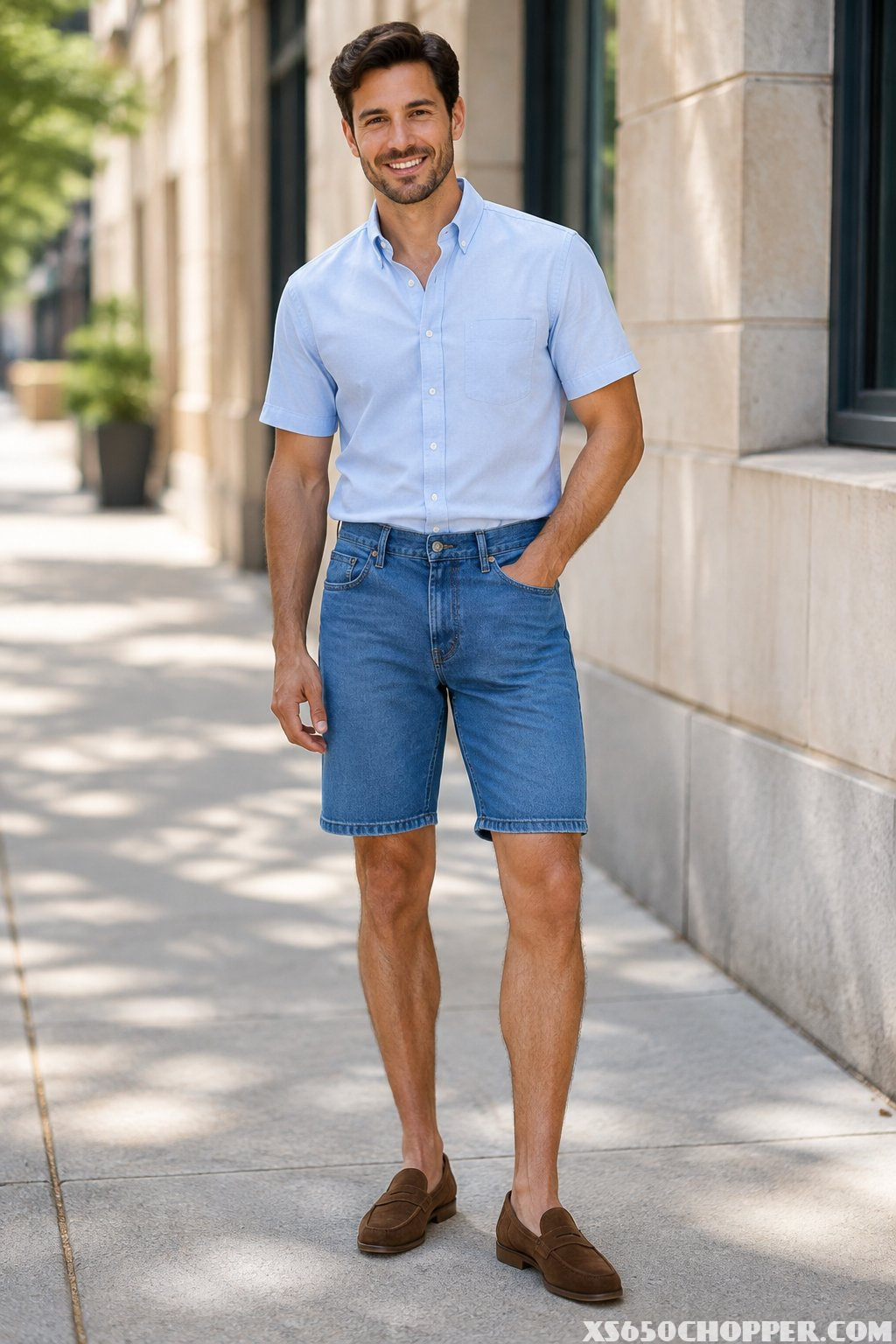 A man wearing denim shorts, a short-sleeve shirt, and loafers stands on a city sidewalk.