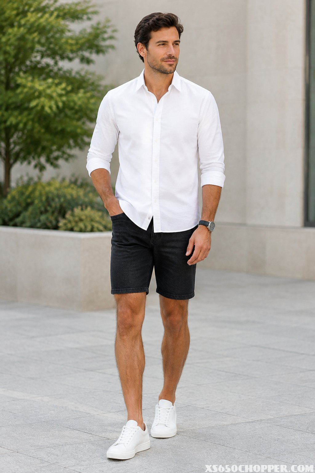 A man stands outdoors wearing black shorts, a white shirt, and sneakers.