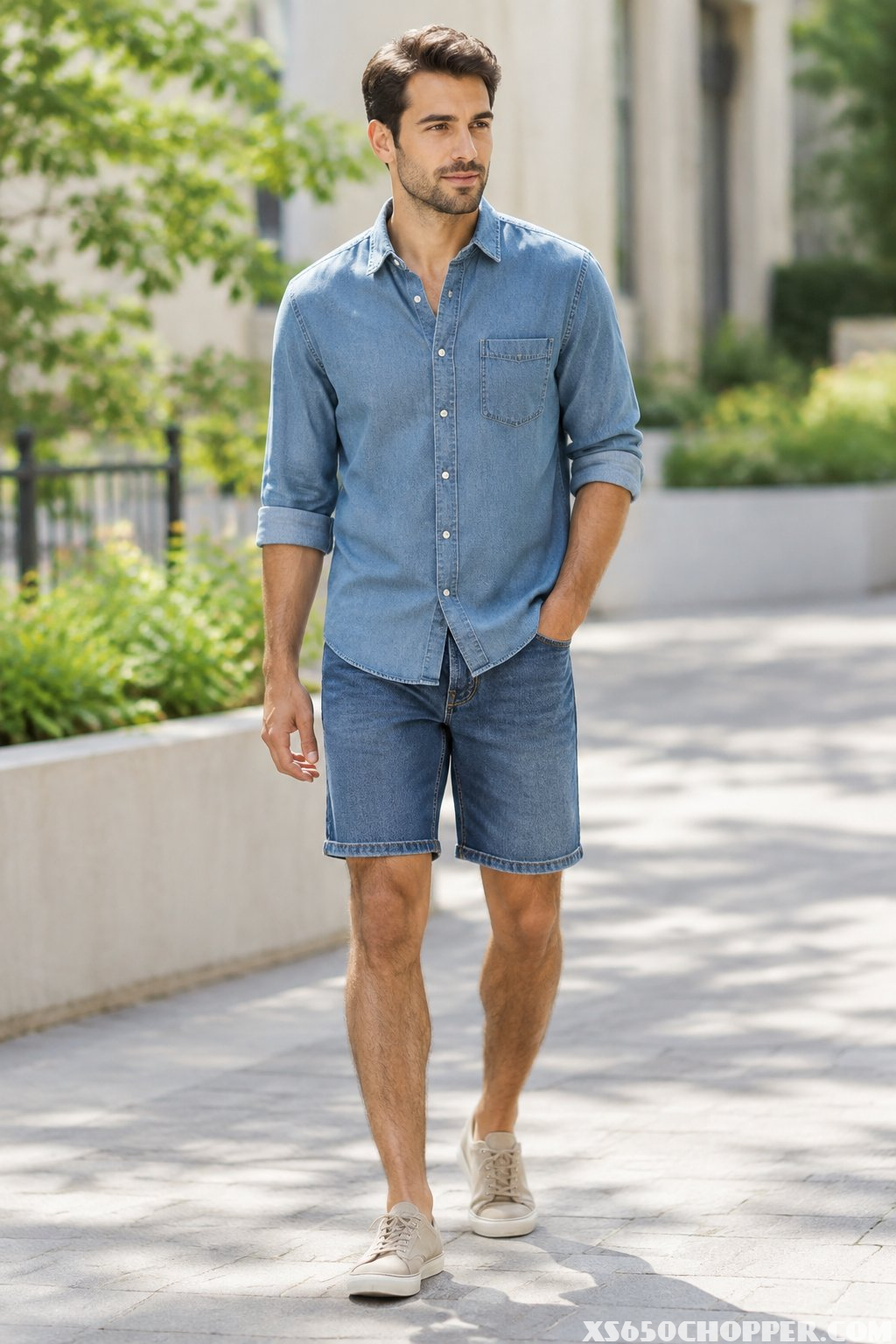 A man stands outdoors wearing denim shorts, a denim shirt, and canvas shoes.