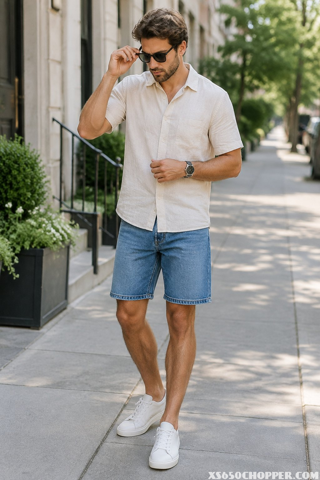 A man in denim shorts adjusts his sunglasses on a sunny sidewalk.