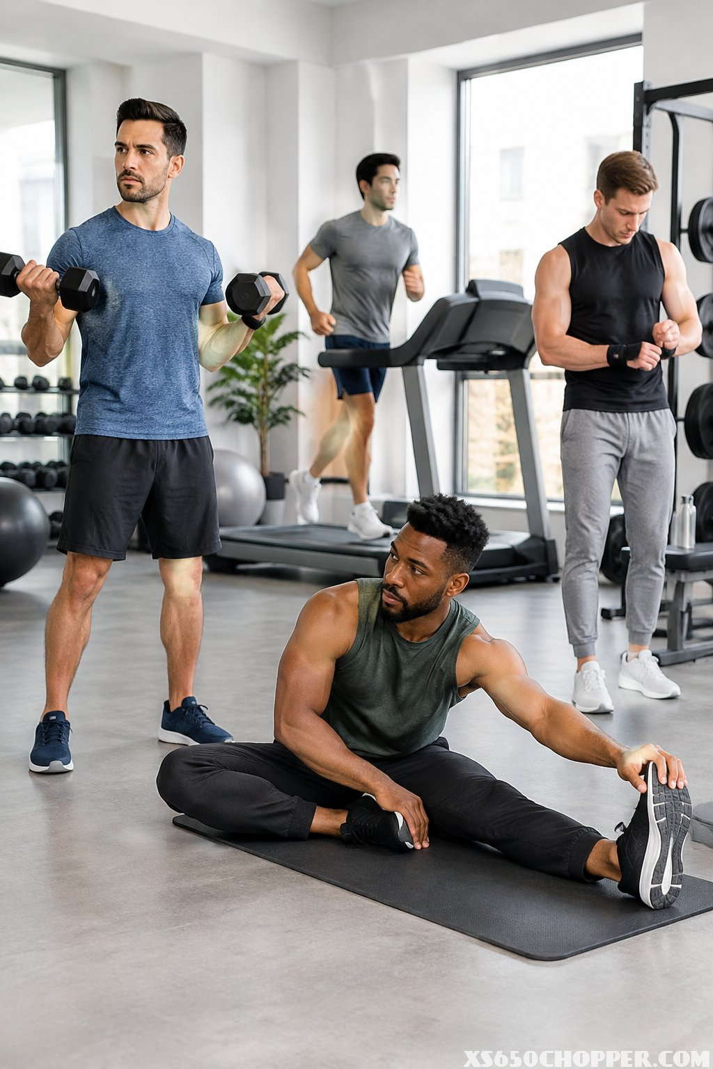 Men in different workout outfits exercise in a gym.