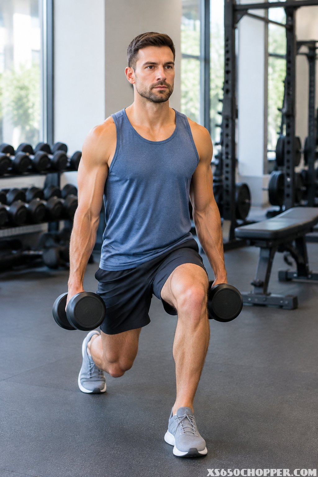 A man wearing a tank top and training shorts performs a dumbbell exercise in a gym.