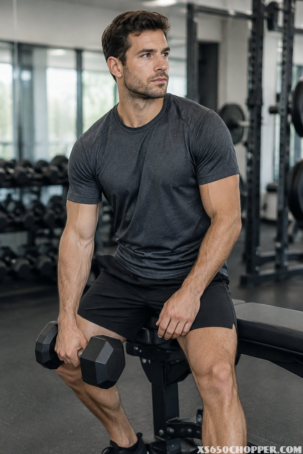 A man in a crewneck T-shirt and training shorts pauses between sets in a gym.