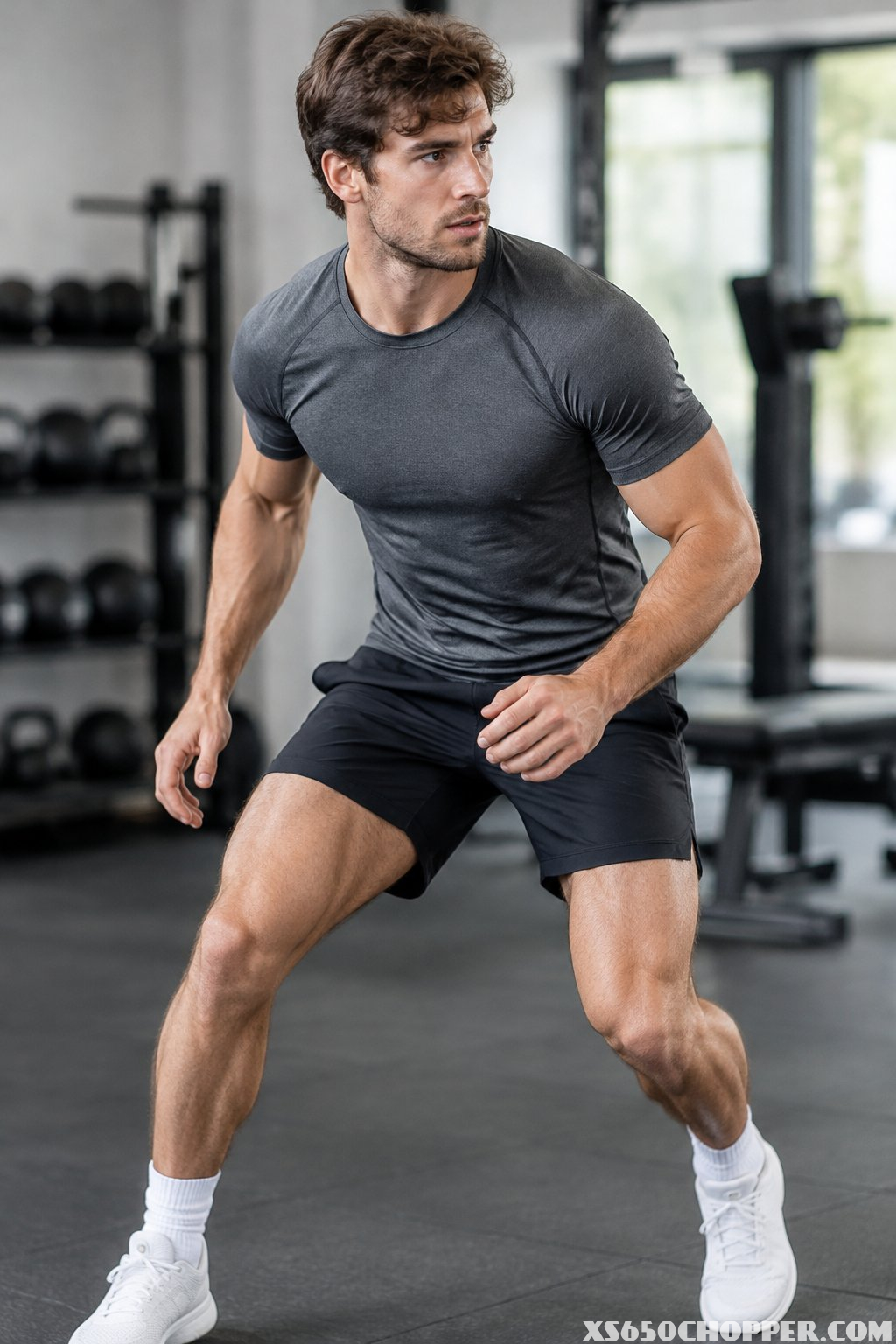 A man wearing a compression tee and five-inch shorts while exercising in a gym.
