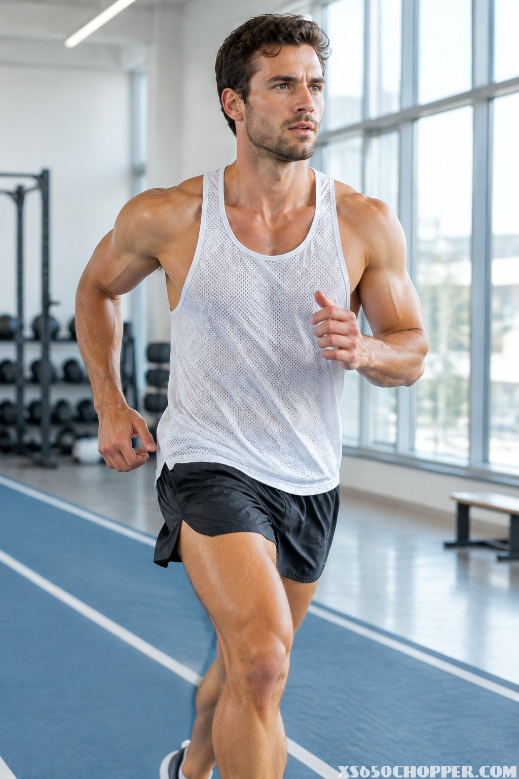 An athletic man runs indoors wearing a mesh racerback tank and split-hem shorts.