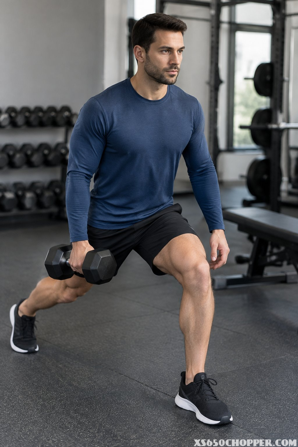A man in a long-sleeve athletic shirt and shorts lifts a dumbbell in a gym.