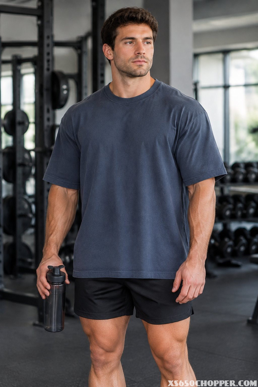 A muscular man in an oversized T-shirt and short training shorts stands in a gym.
