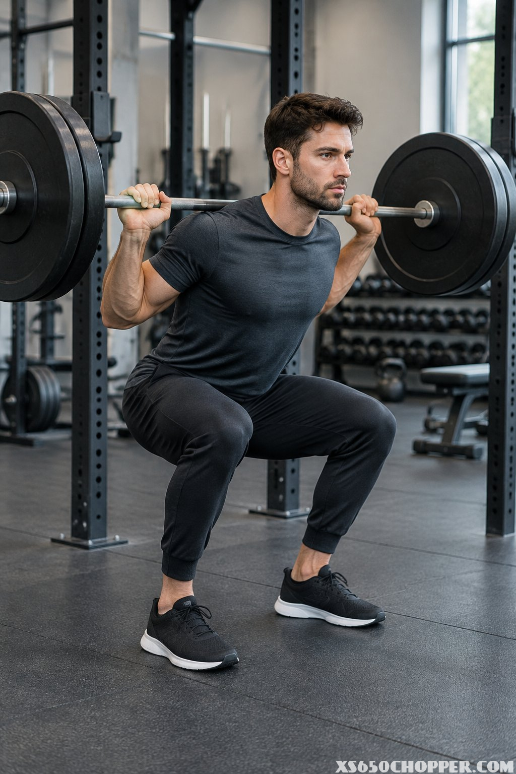 A man wearing a fitted training tee and tapered joggers performs a barbell squat in a gym.