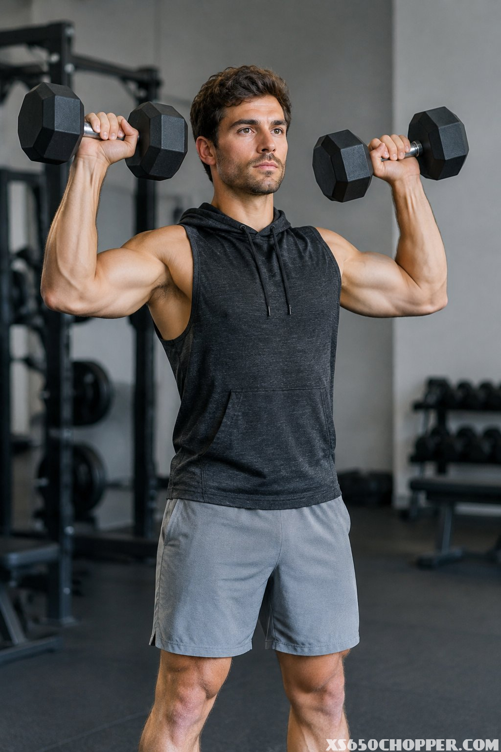A man wearing a sleeveless hoodie and training shorts presses dumbbells in a gym.