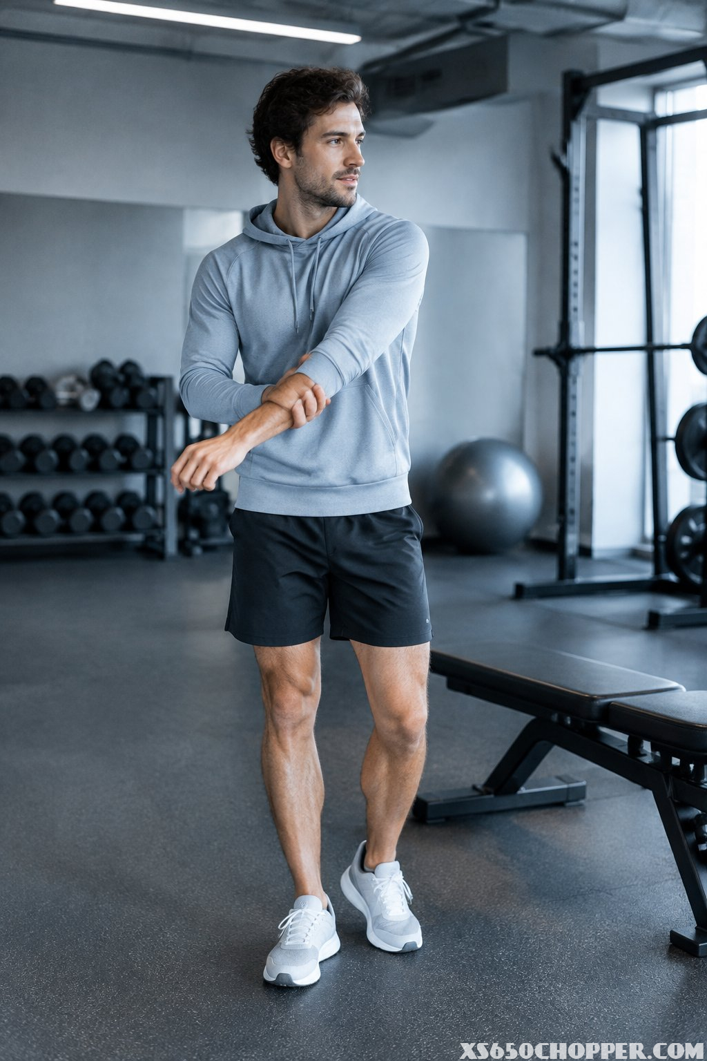 A man in a lightweight hoodie and athletic shorts prepares to exercise in a gym.