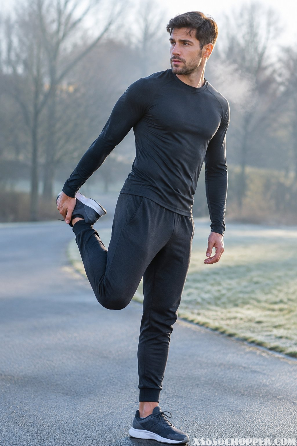 A man in a long-sleeve shirt and joggers stretches outdoors on a cold morning.