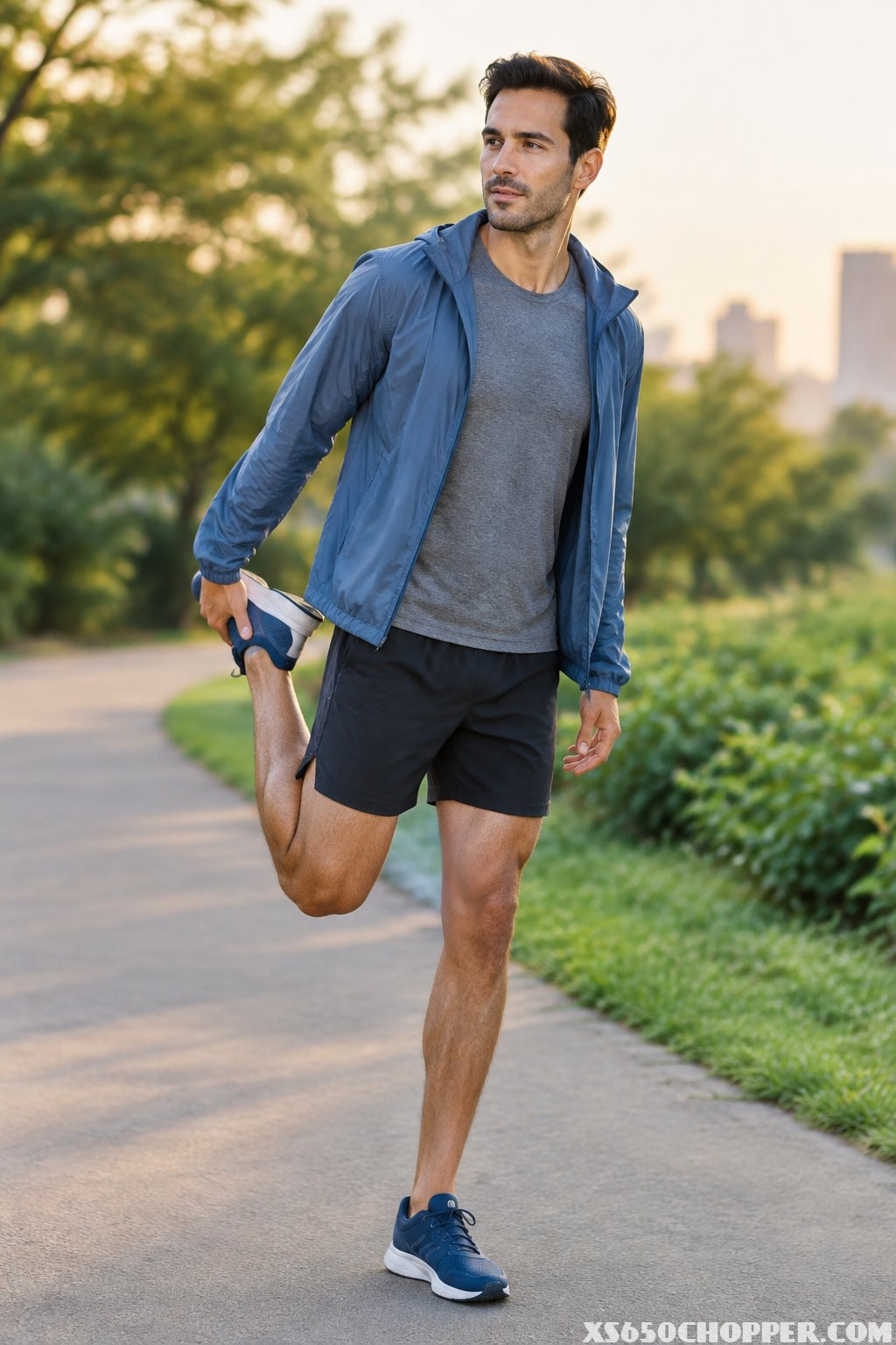 A man in a windbreaker, T-shirt, and running shorts prepares to jog on a park trail.