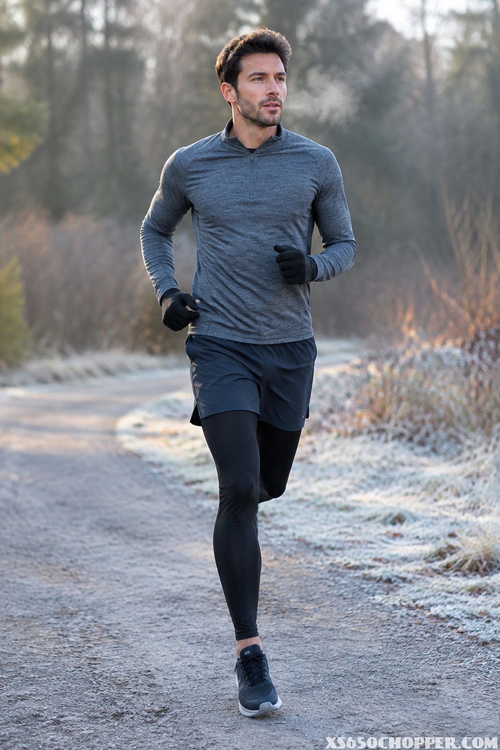 A man in running shorts over compression tights jogging on a chilly outdoor trail.