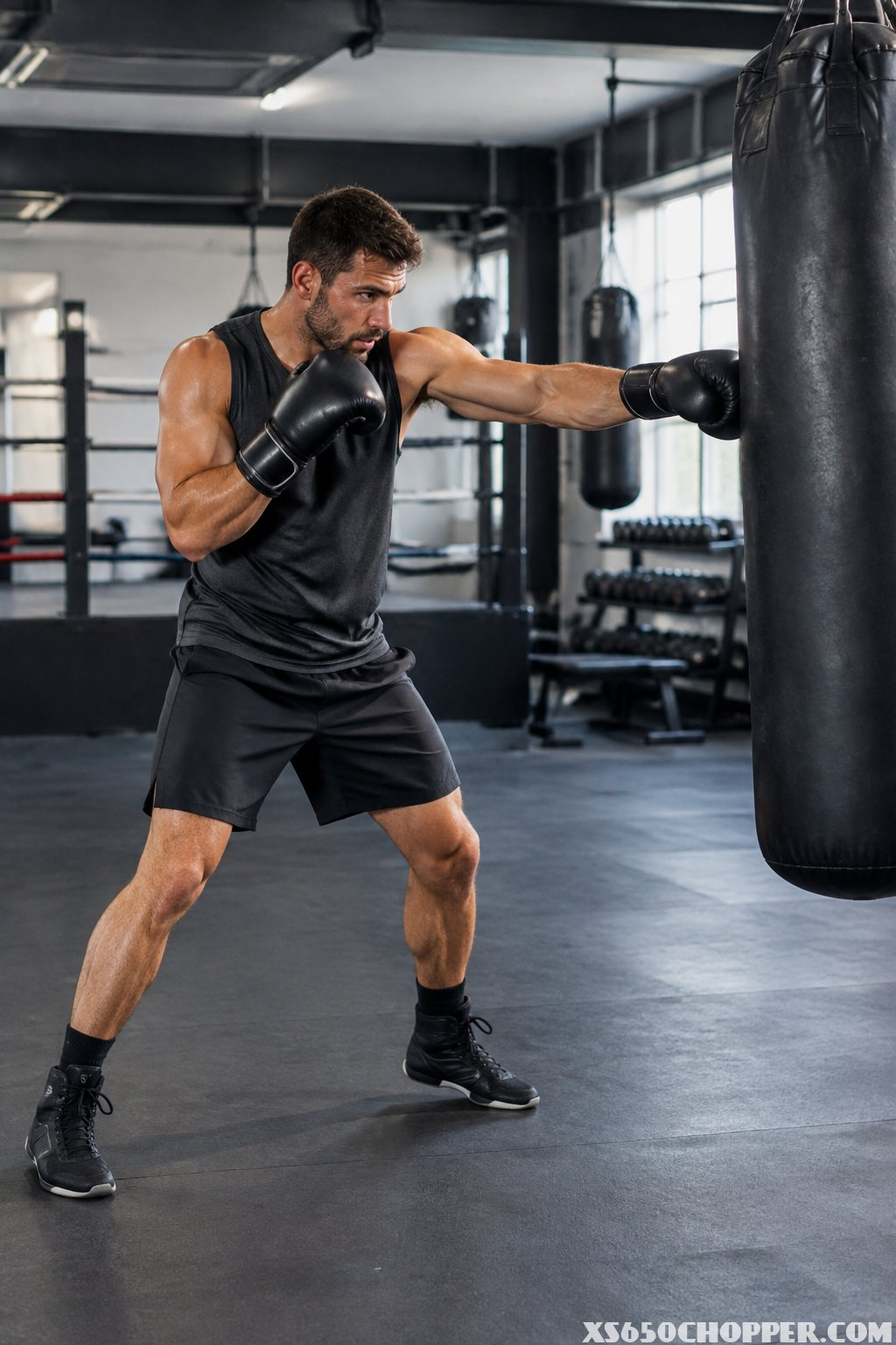 A man wearing a sleeveless tank and training shorts punches a heavy bag in a boxing gym.