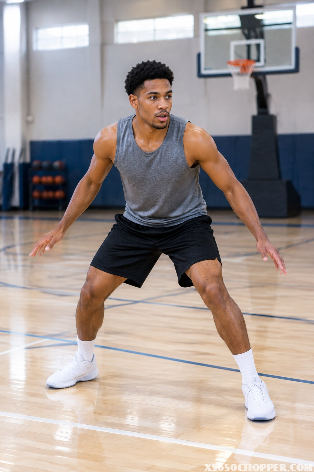 A man in a basketball tank and mesh shorts practices a defensive shuffle on an indoor court.