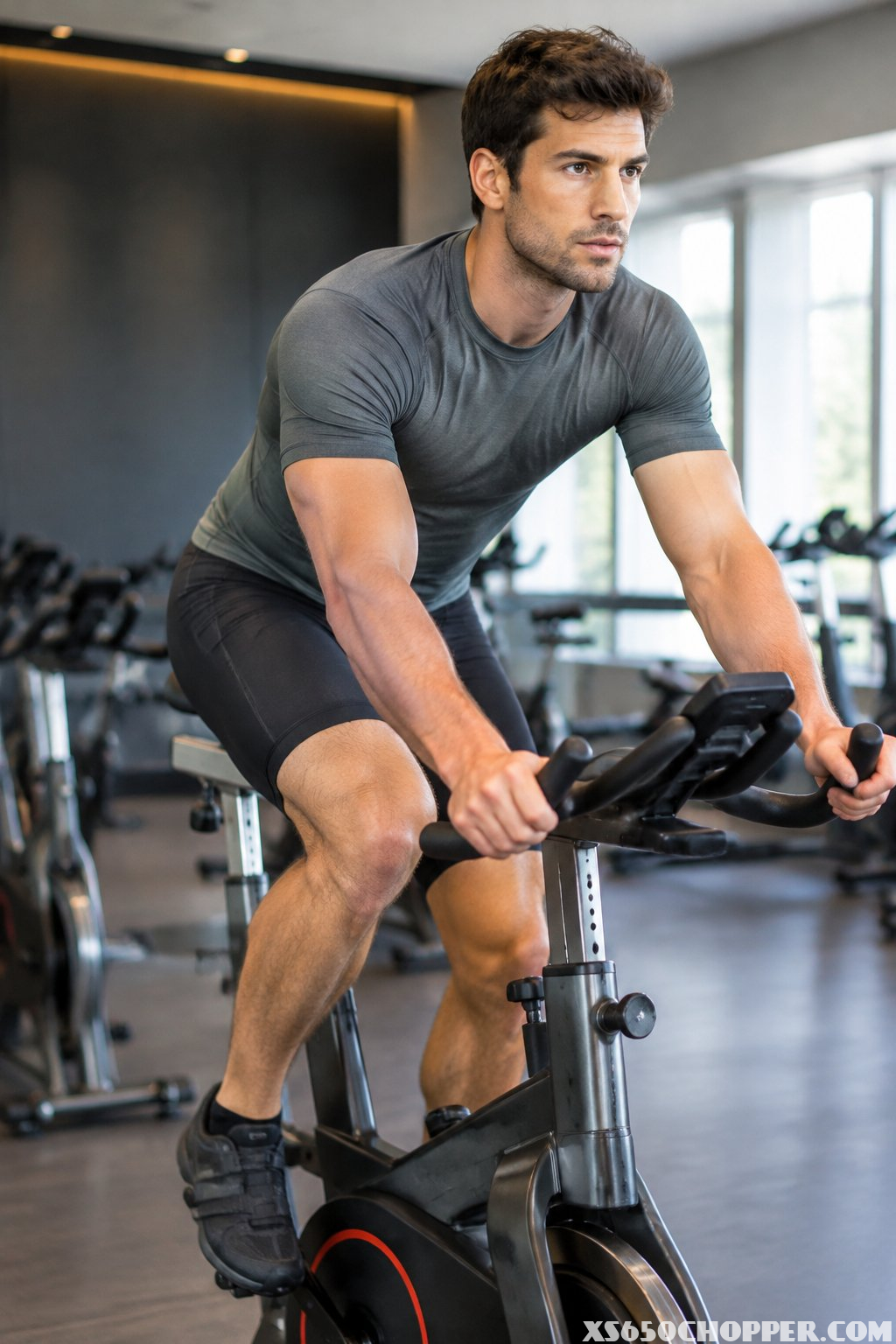 A man wearing a fitted athletic top and cycling shorts rides a stationary bike in a spin studio.
