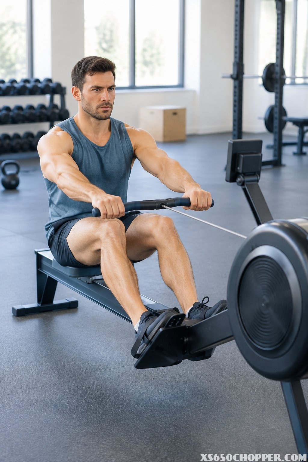 A man rows on an indoor rowing machine while wearing a tank top and split shorts.