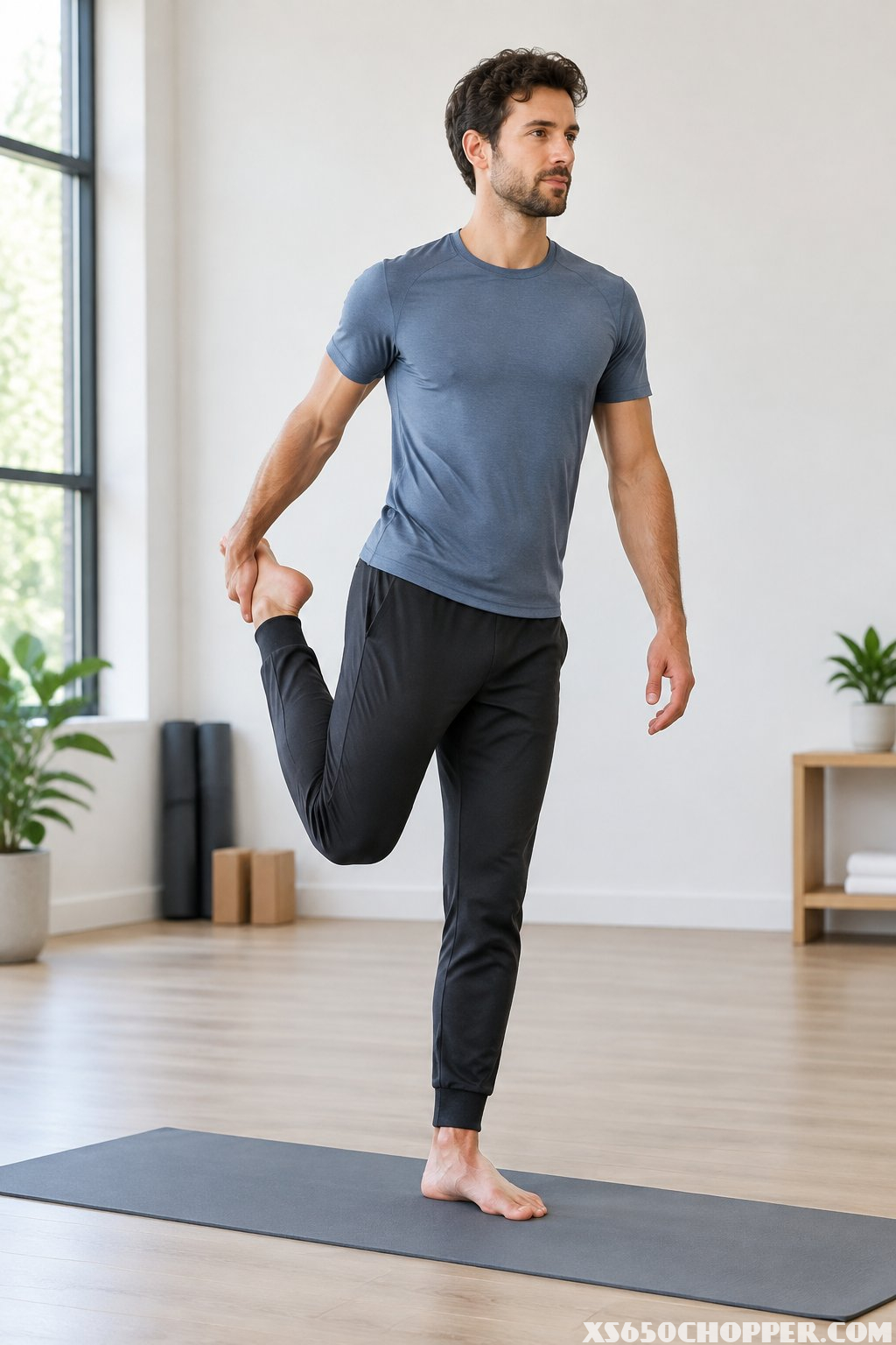 A man in a T-shirt and joggers stretches on a yoga mat.