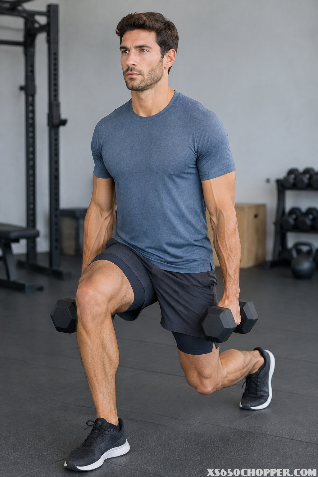 A man wearing a technical T-shirt and 2-in-1 shorts performs a dumbbell lunge in a gym.