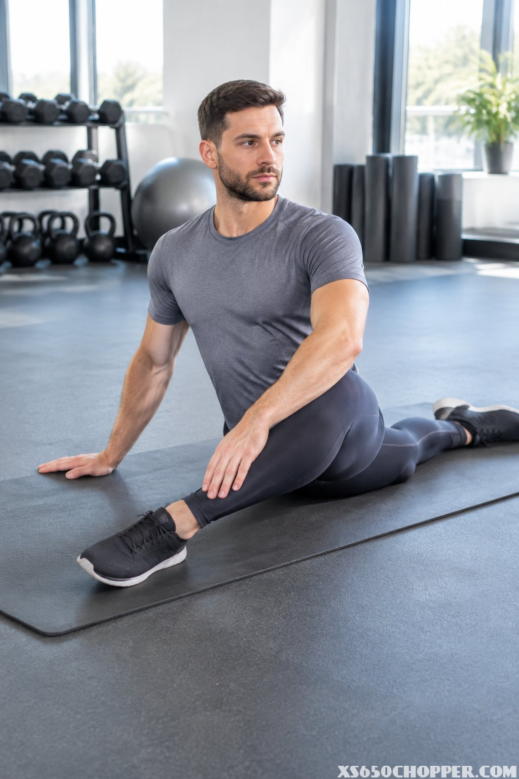 A man in a T-shirt and compression leggings stretching on an exercise mat.
