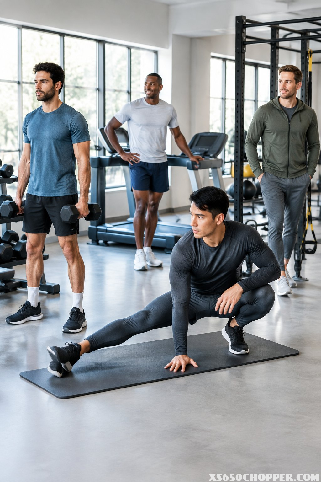Four men wear different gym outfits in a fitness center.