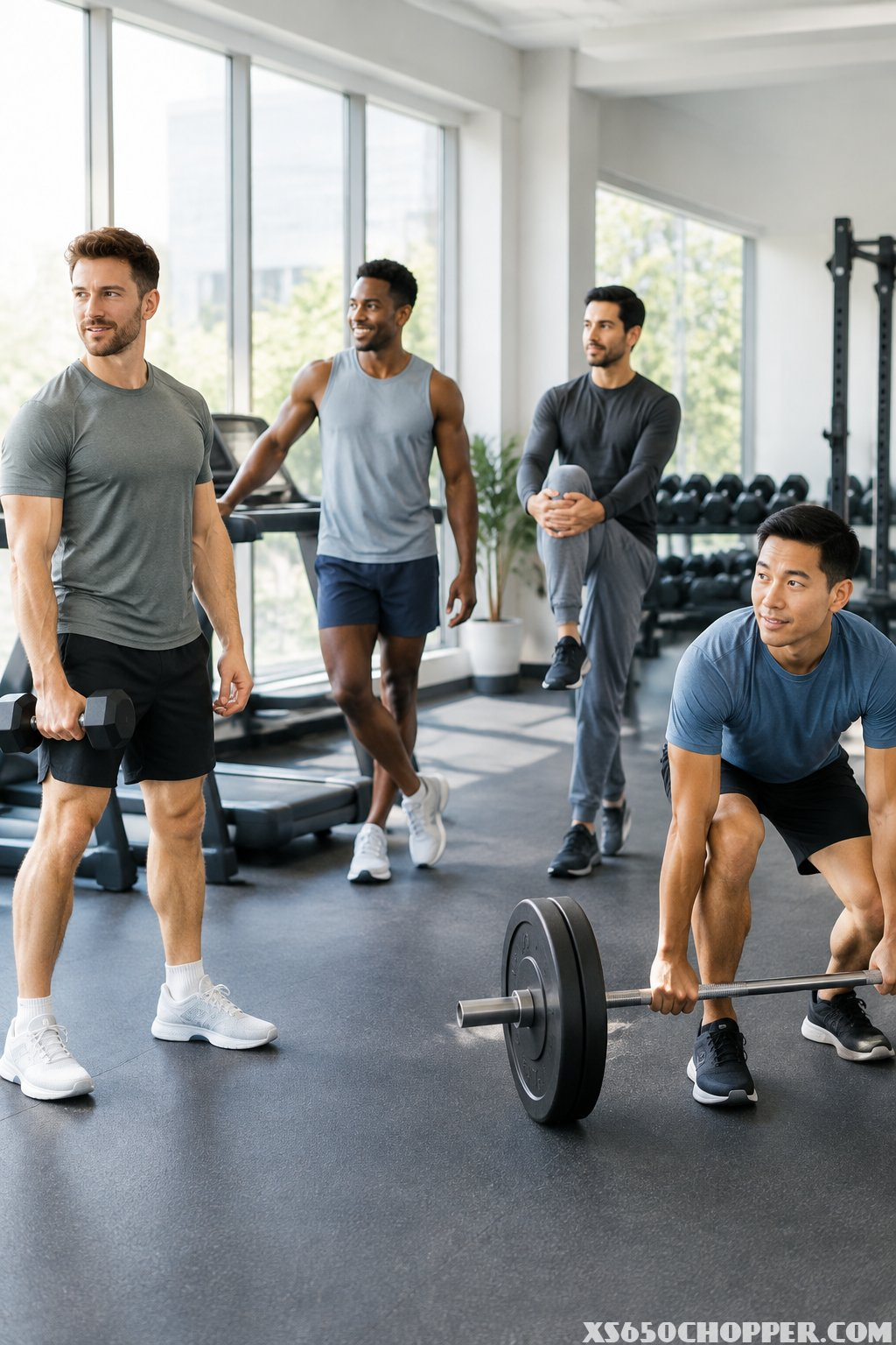 Four men in athletic clothing exercise in a gym.