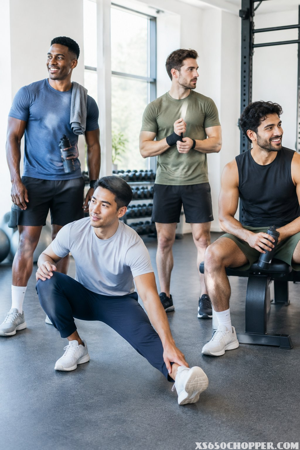 Men in workout clothes stand together in a gym.