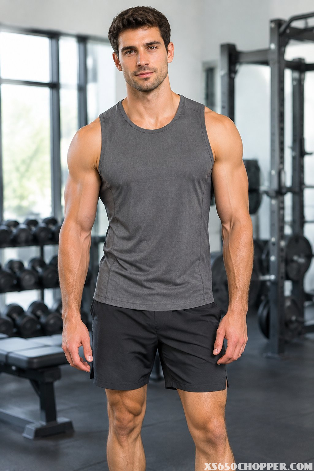 A man wearing a tank top and training shorts stands in a gym.