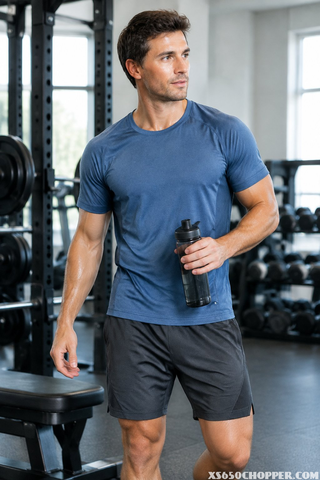 A man in a T-shirt and training shorts stands beside gym equipment holding a water bottle.