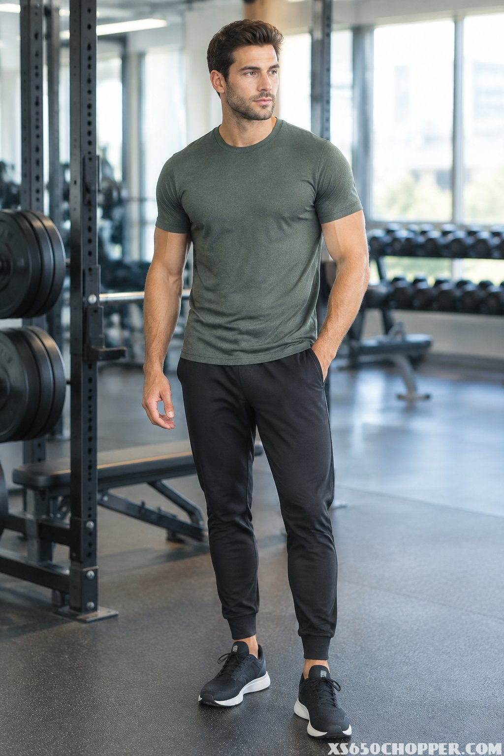 A man wearing a T-shirt and joggers stands in a gym.