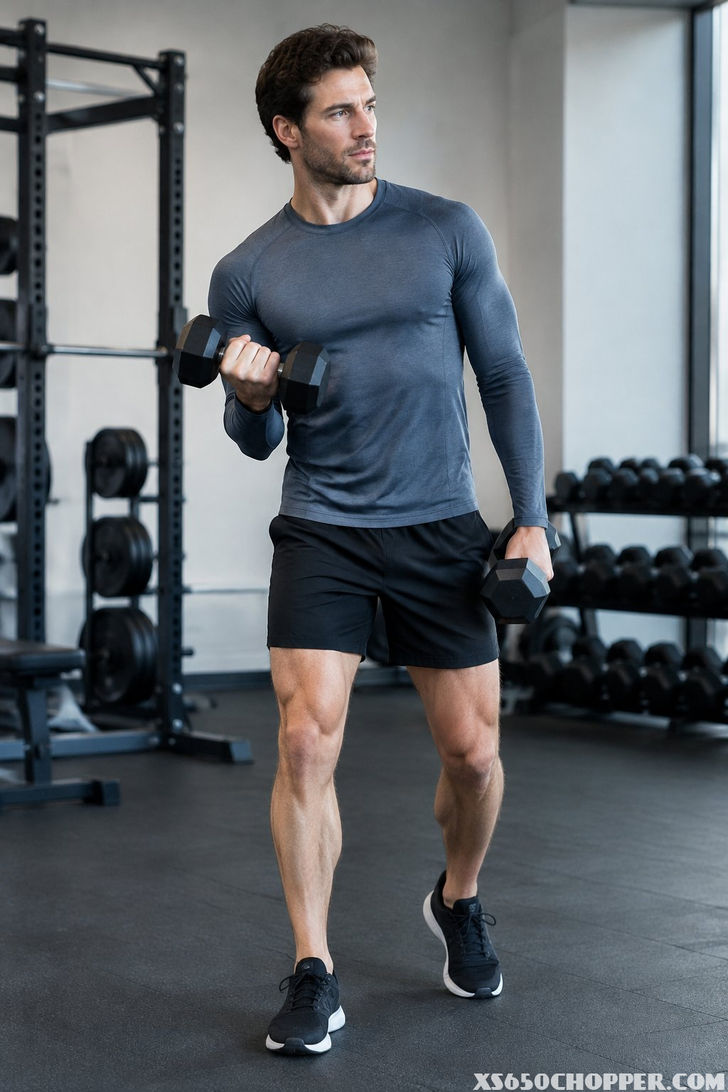 A man in a long-sleeve athletic top and training shorts exercises with dumbbells in a gym.