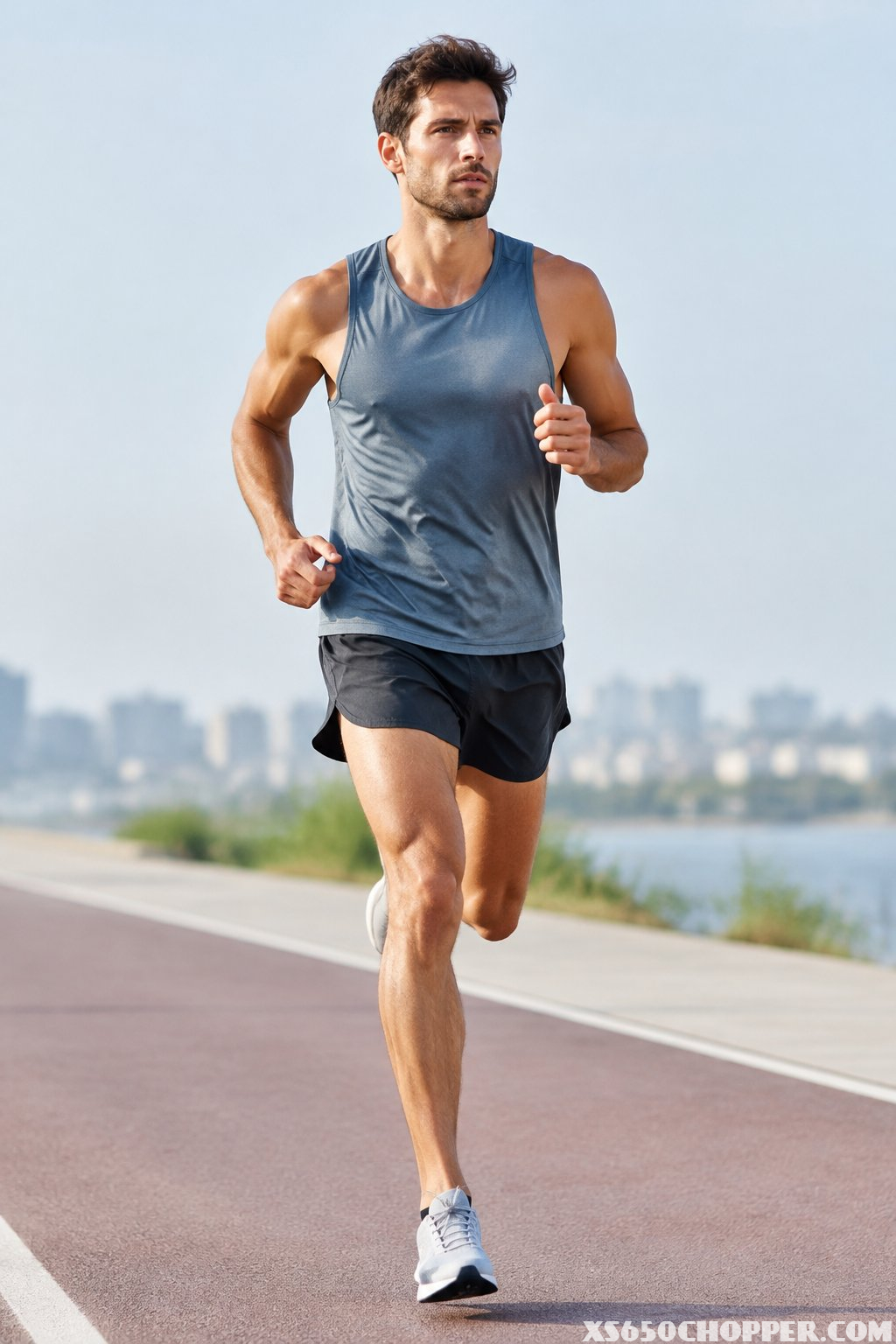 A man running outdoors in a sleeveless shirt and split shorts.
