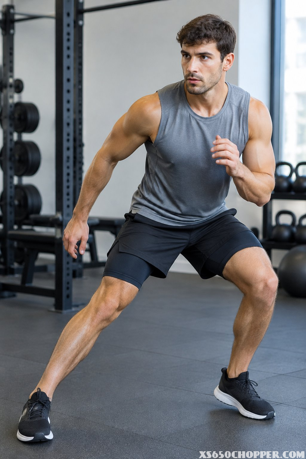 A man in a sleeveless top and layered shorts exercising in a gym.