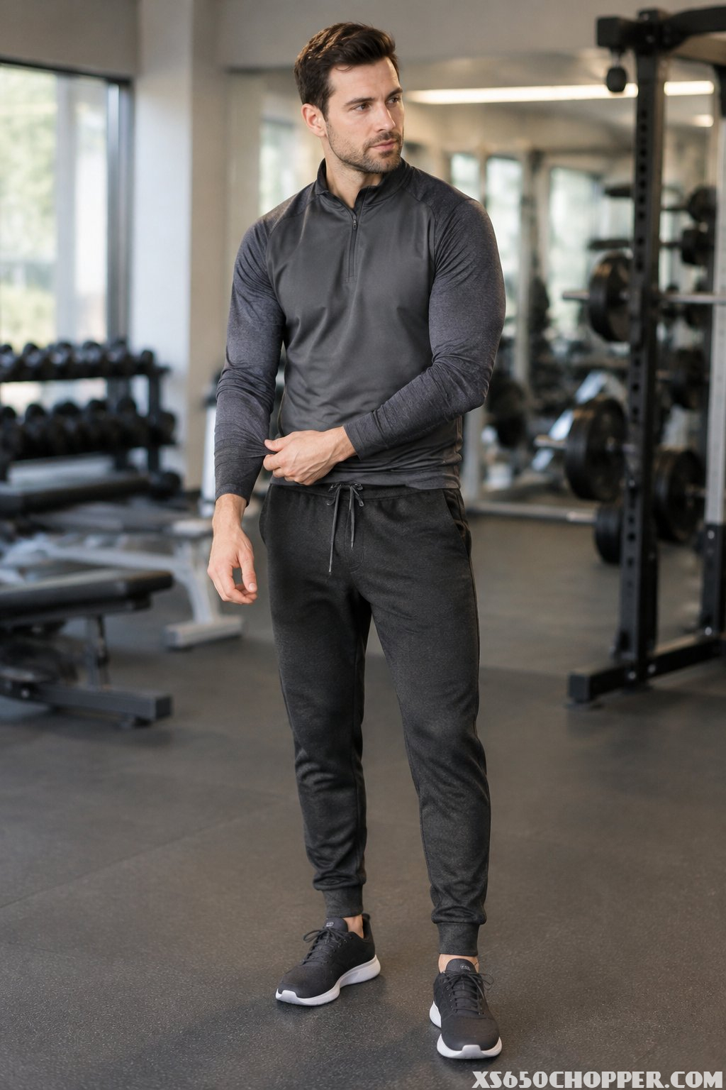 A man wearing a thermal top and joggers stands in a gym.