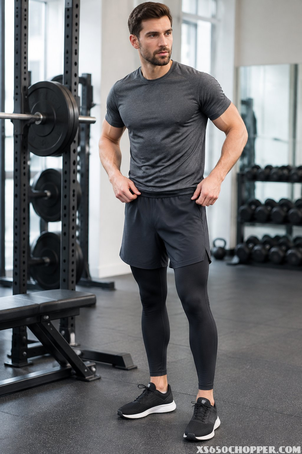 A man wearing training shorts over compression leggings in a gym.