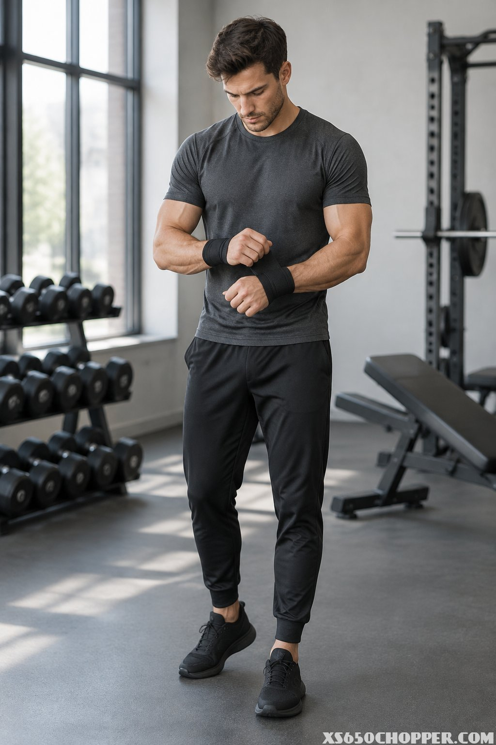 A man in a dark workout outfit adjusts a wrist wrap in a gym.