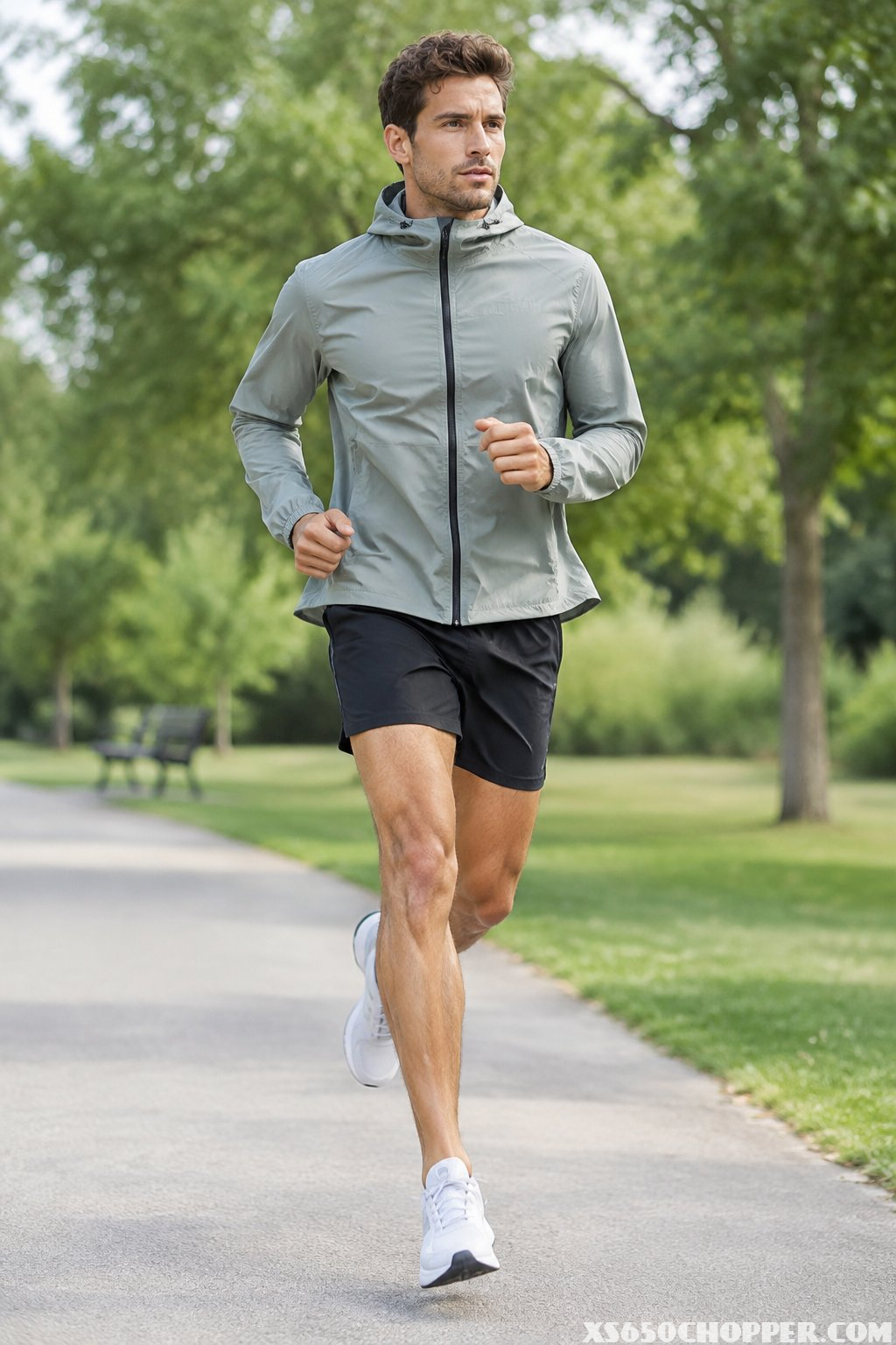 A man jogs on a park path wearing a windbreaker and running shorts.