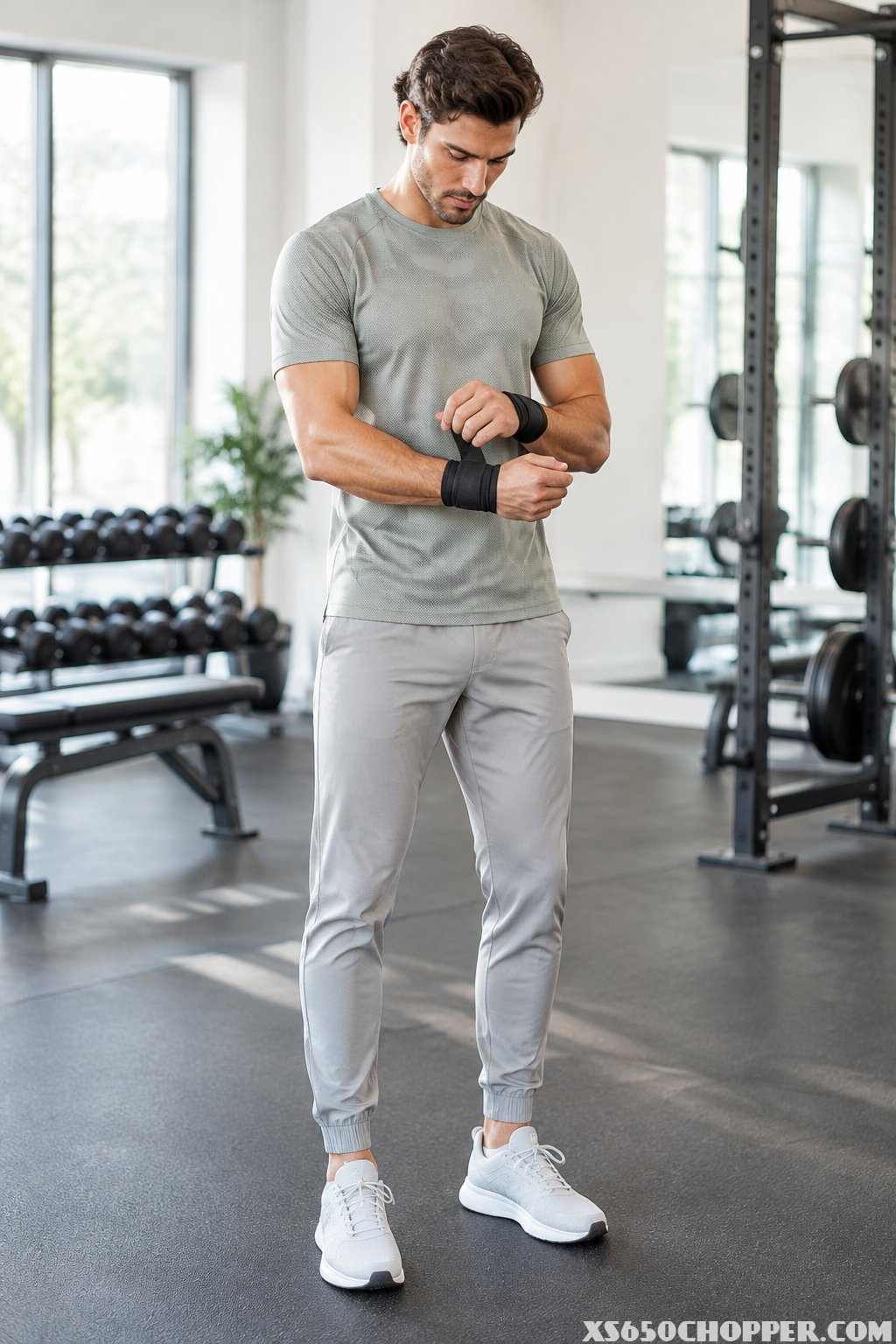 A man in a mesh T-shirt and joggers prepares for a workout in a gym.