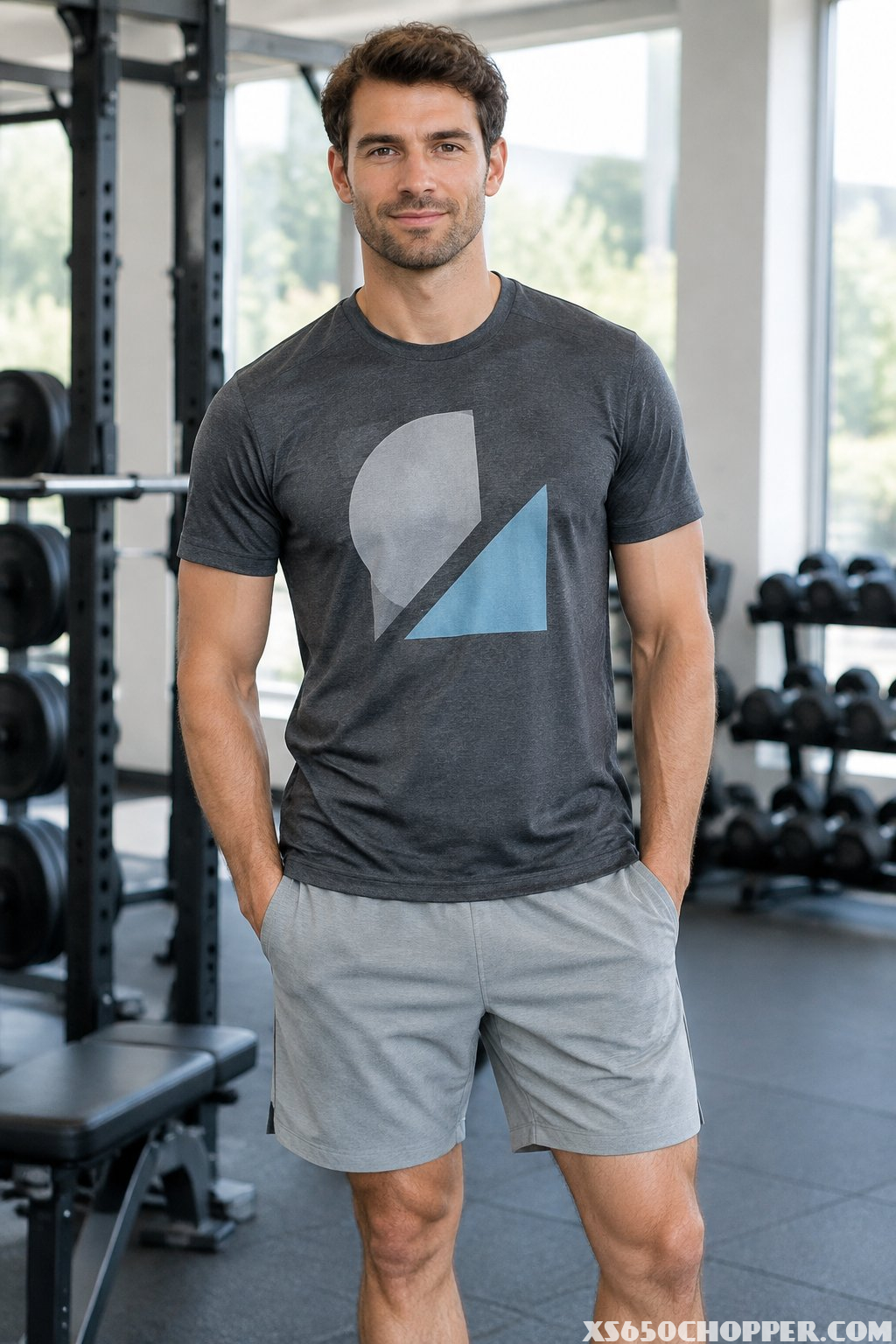 A man in a graphic T-shirt and relaxed training shorts stands in a gym.