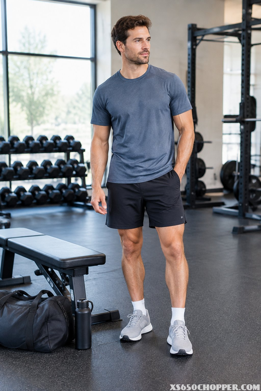 A man in workout clothes stands beside a gym bench with a gym bag and water bottle nearby.