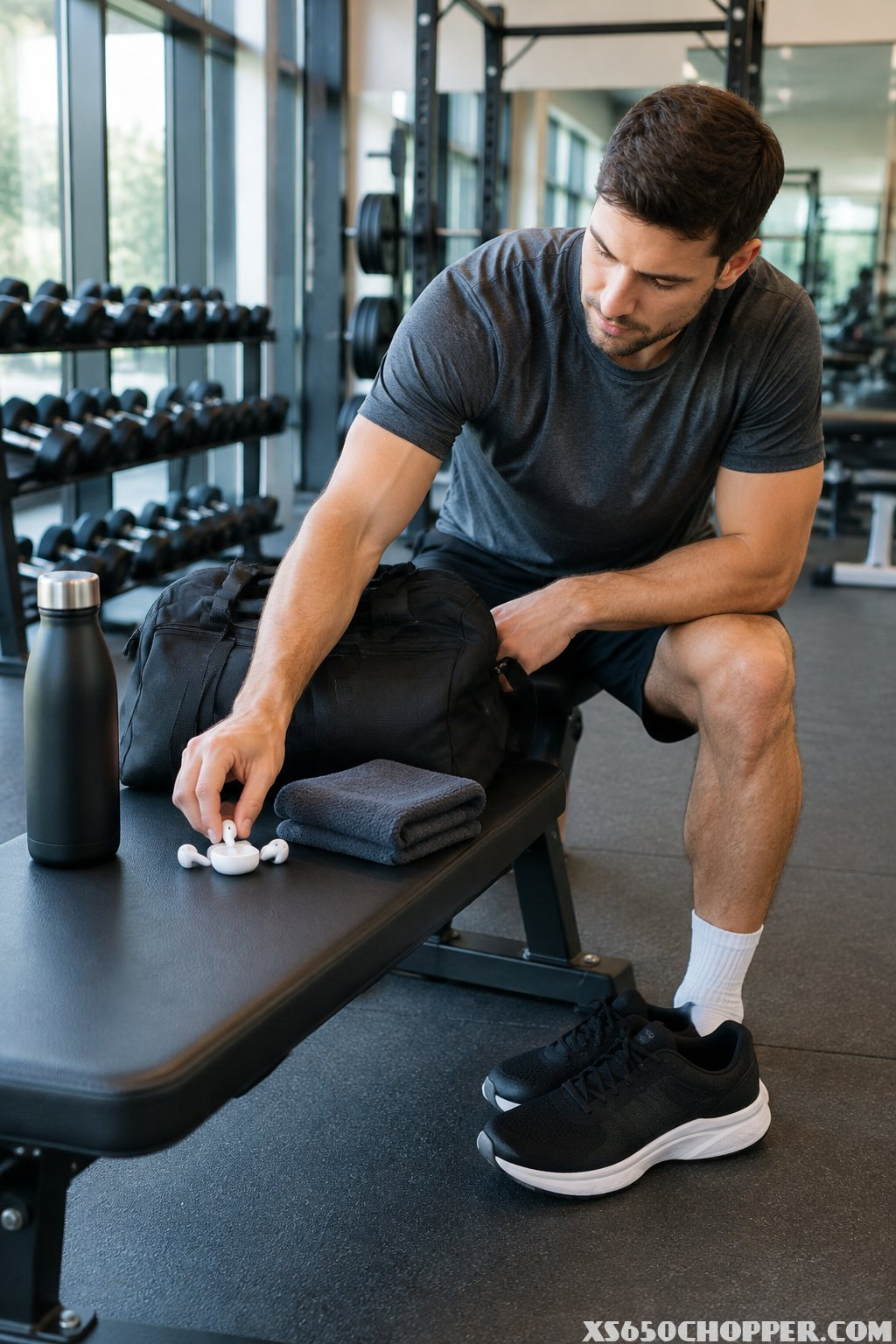 A man prepares for a workout beside a bench holding gym accessories.